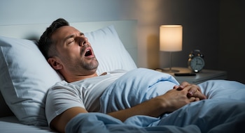 Hombre caucásico durmiendo de lado en la cama con la boca abierta, sábanas azules, almohada blanca. Una lámpara y un despertador en la mesita de noche.