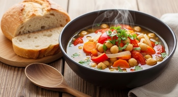Plato hondo de sopa de garbanzos humeante con zanahoria, morrón rojo, cebolla, tomate y perejil. Pan cortado en tabla de madera y cuchara.