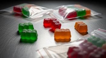Gomitas verdes, rojas y naranjas, algunas en bolsas transparentes con cierre rojo, dispersas sobre una mesa metálica gris.