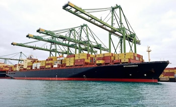 El portacontenedores Epaminondas, una de las naves atacadas en el Estrecho de Ormuz, logró continuar su trayecto pese a los daños sufridos durante el incidente, según informaron autoridades griegas. Tomada de www.vesselfinder.com