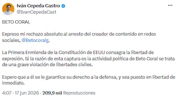 Iván Cepeda rechazó la detención de Beto Coral en Estados Unidos y exigió su libertad - crédito @IvanCepedaCast/X