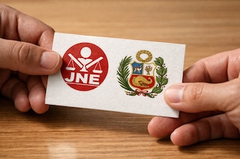 Dos manos sobre una mesa de madera sujetan y entregan una tarjeta blanca con los logos del Jurado Nacional de Elecciones y el Escudo Nacional del Perú.