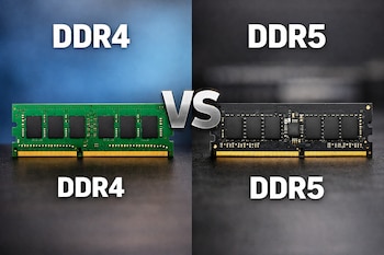 Dos módulos de memoria RAM vistos de cerca, uno DDR4 verde a la izquierda y uno DDR5 negro a la derecha, separados por un símbolo 'VS' metálico.