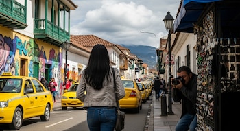 Una mujer de espaldas camina por una calle llena de taxis amarillos y edificios coloniales en Bogotá, mientras un hombre se esconde tras un puesto para fotografiarla.