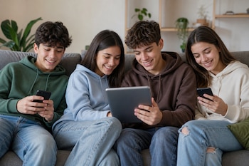Cuatro jóvenes sentados en un sofá gris sostienen dos teléfonos móviles y una tableta.