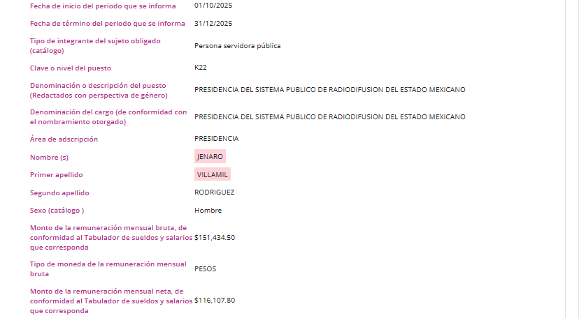 Sueldo de Jenaro Villamil.