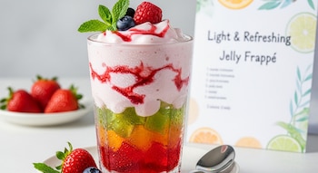 Vaso de frappé de gelatina de colores con espuma rosa, salsa roja, frambuesa, arándano y menta. Fresas frescas y tarjeta de receta en el fondo.