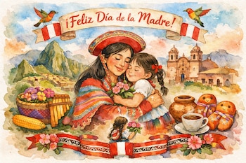 Ilustración en acuarela de madre e hija peruanas abrazándose, con vestimenta tradicional y flores. Fondo andino con montañas, iglesia y símbolos culturales.