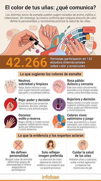 Infografía informativa con ilustraciones de manos, datos estadísticos sobre esmaltes, clasificaciones por color y consejos de cuidado para uñas.