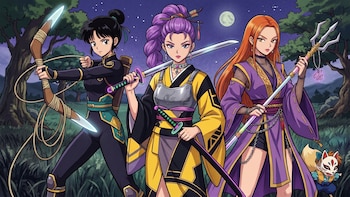 Tres mujeres en trajes de combate con armas: arco, katana y tridente. Fondo de bosque nocturno con luna llena. Un niño con máscara de zorro