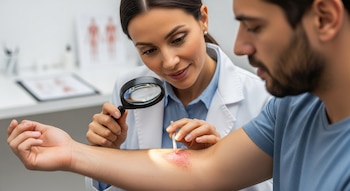 Una dermatóloga examina con lupa una zona de piel rojiza y con erupción en el antebrazo de un paciente.