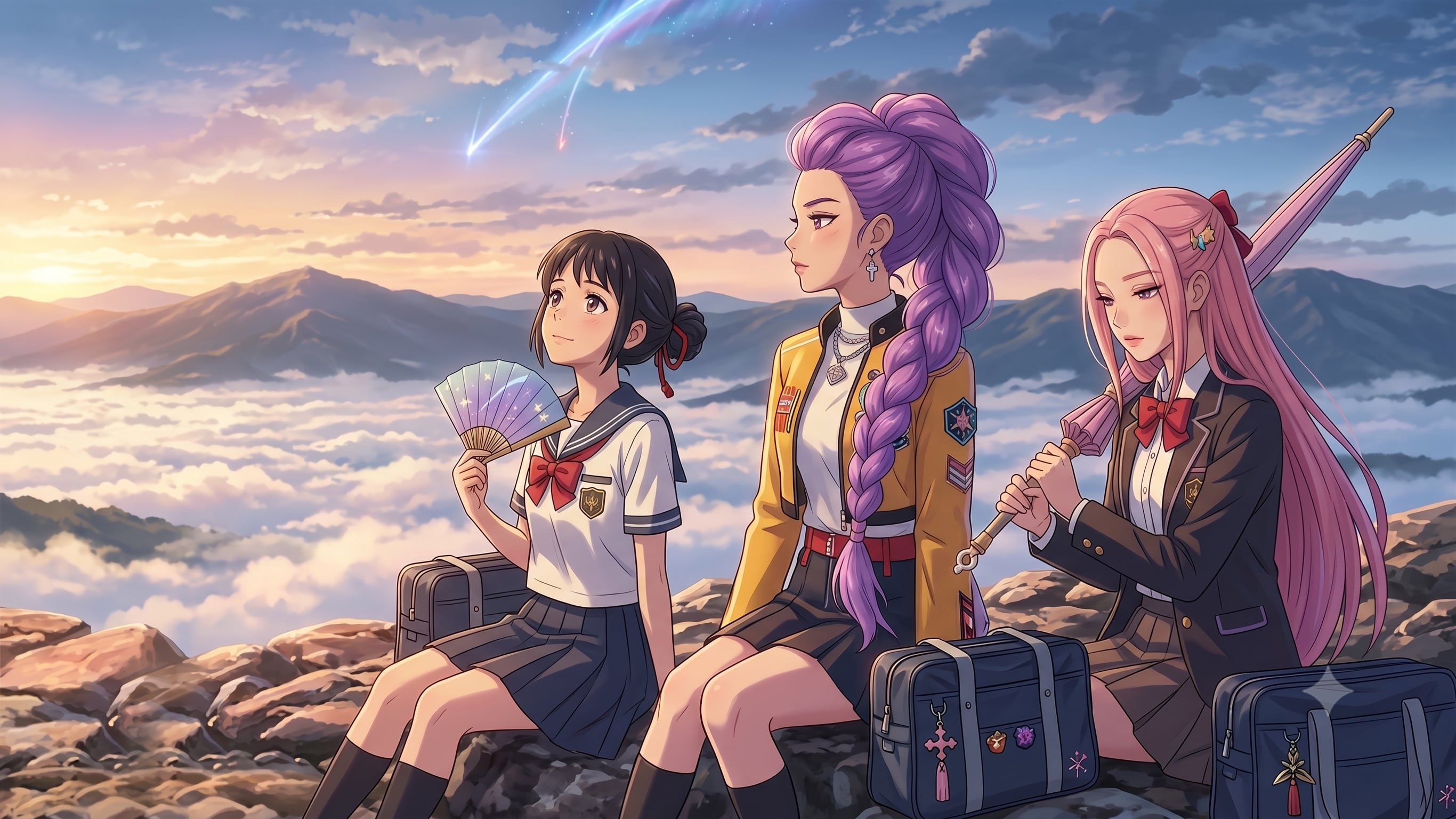 Esta es una representación de Las Guerreras K-pop al estilo Your Name, generada con IA. (Foto: Gemini)