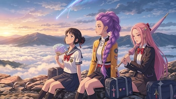 Tres jóvenes mujeres sentadas en rocas con bolsas escolares. Una sostiene un abanico. Otra sujeta un paraguas. Cielo con nubes, montañas y estelas luminosas
