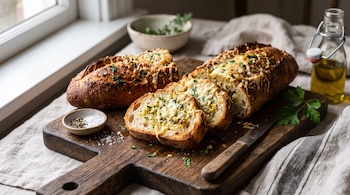 Rodajas de pan con queso fundido y perejil sobre una tabla de madera junto a un cuchillo, sal, pimienta y una botella de aceite.
