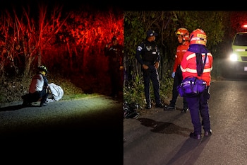 Dos fotos nocturnas con bomberos y un policía junto a un bulto cubierto en el suelo y una unidad de emergencia.