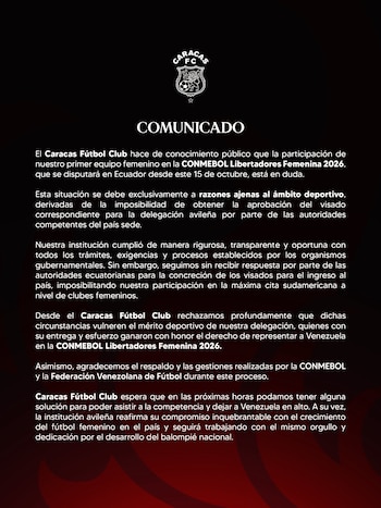 El cuadro caraqueño informó que por problemas de ingreso al país, existen dudas para jugar su duelo ante las "Leonas"-crédito @Caracas_FC/X