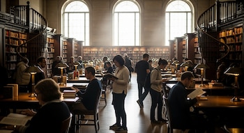 Interior de una majestuosa biblioteca de Nueva York con grandes ventanales, estanterías repletas de libros, mesas de madera y personas leyendo.
