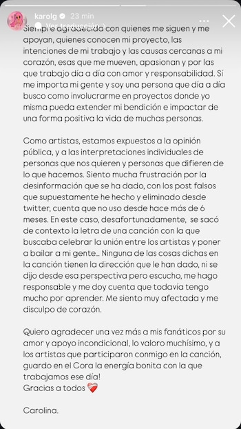 Karol G se pronunció sobre