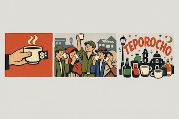 Ilustración secuencial en tres paneles. Una mano sostiene una taza humeante con '8¢'. Un grupo bebe en la calle. La palabra 'teporocho' con botellas y edificios.