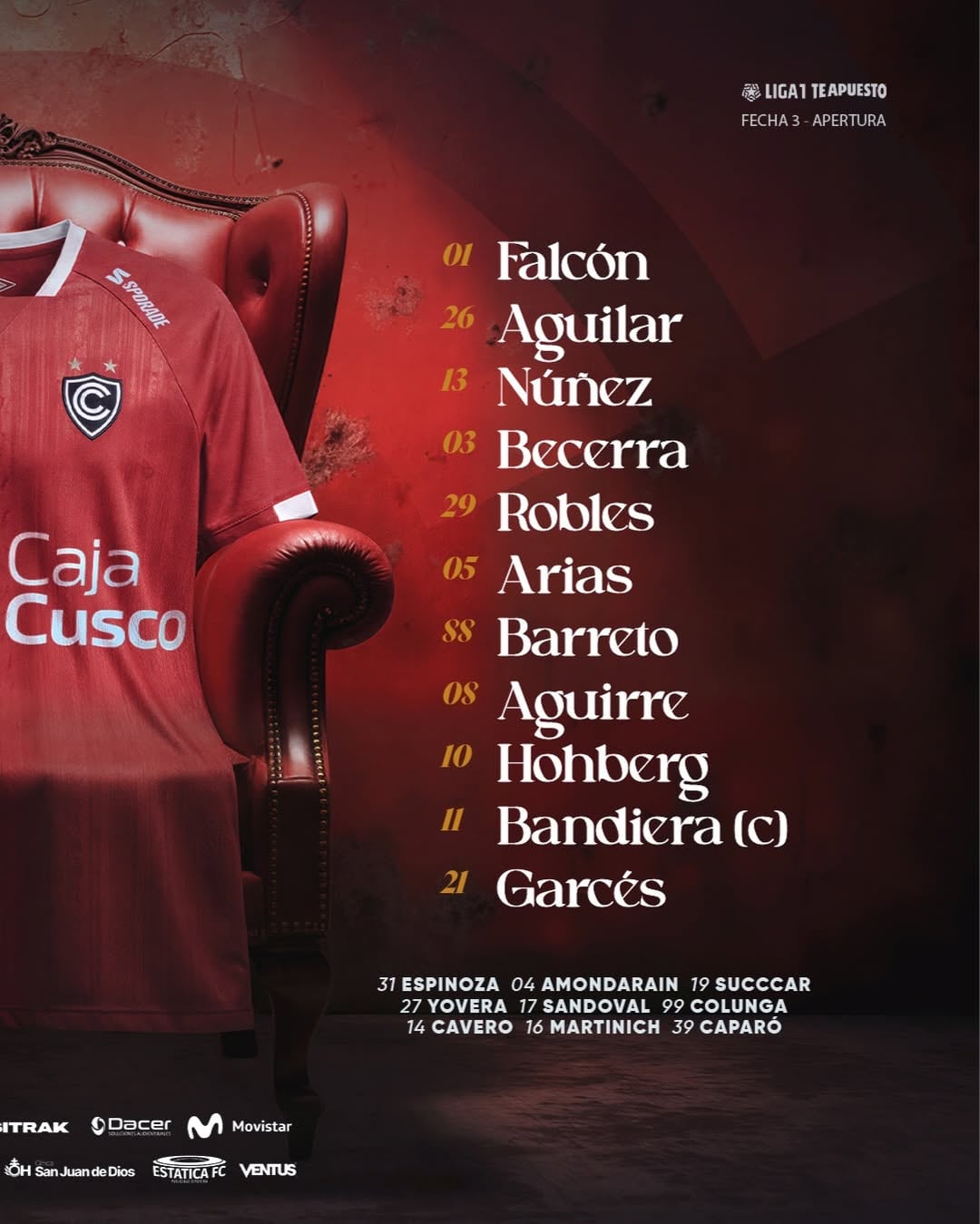 Escalação do Cienciano para a partida contra o Universitario no Estádio Monumental.