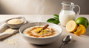Un cuenco humeante de arroz con leche sin gluten y deslactosado, decorado con canela y tiras de limón, sobre una mesa de madera clara con arroz crudo, leche vegetal, limón y lima.