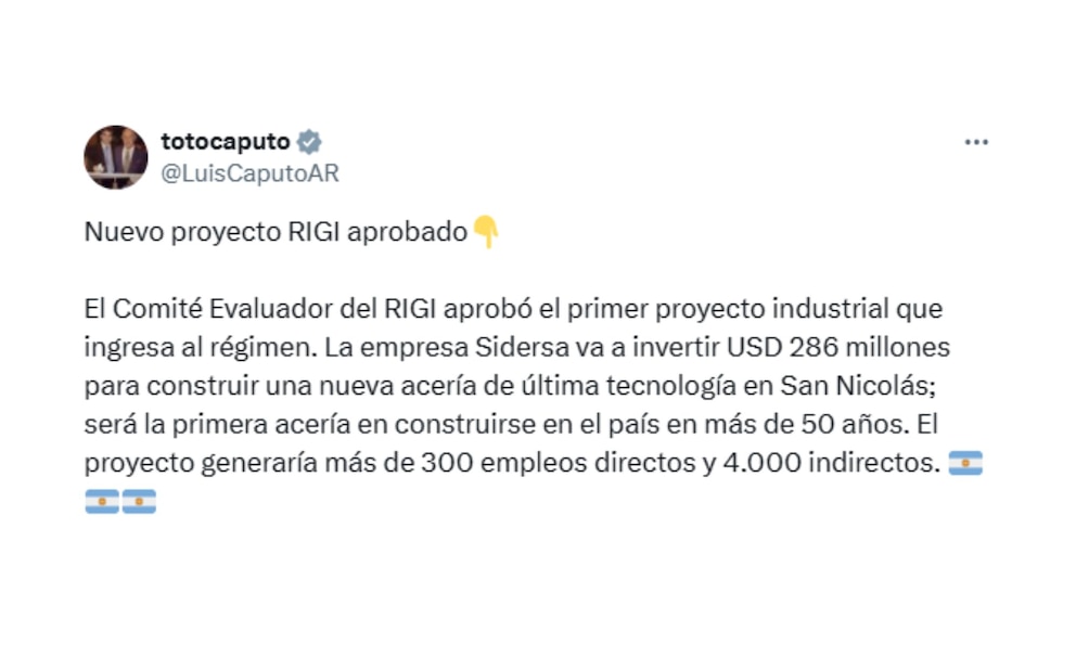 Sidersa invertirá USD 286 millones en San Nicolás tras adherirse al RIGI para una nueva planta siderúrgica