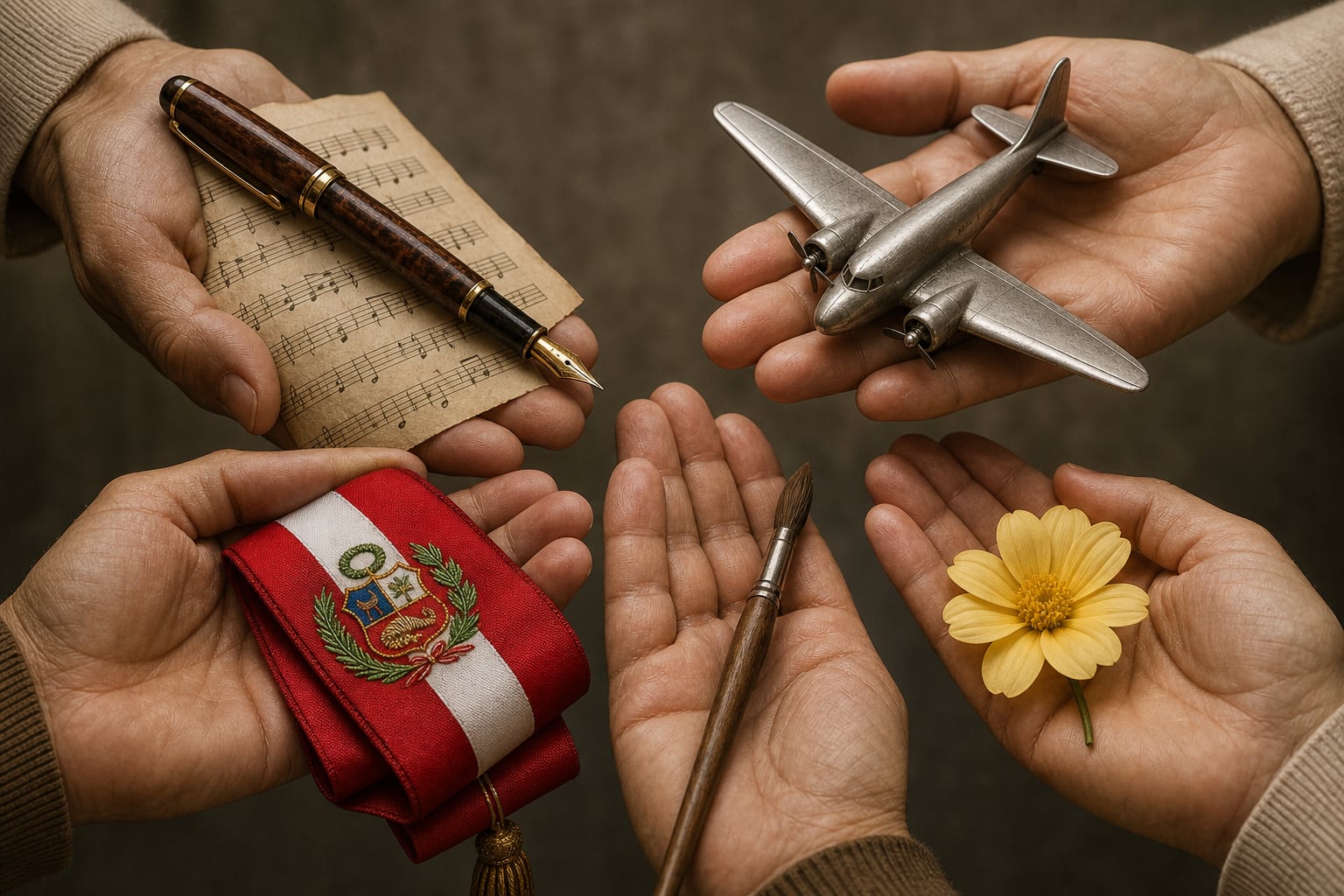 Varias manos abiertas sostienen objetos representativos de Perú, como una banda presidencial, una maqueta de avión, una partitura con pluma, un pincel y una flor. (Imagen Ilustrativa Infobae)