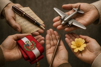 Cinco manos sostienen una partitura con pluma, una maqueta de avión, una banda presidencial peruana, un pincel y una flor amarilla.