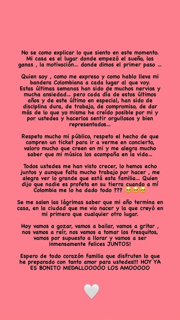 La colombiana envió una sentida