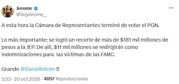Jerome Sanabria afirmó que $ 11 mil millones del recorte a la JEP irán a víctimas de las Farc - crédito @SoyJerome__/X