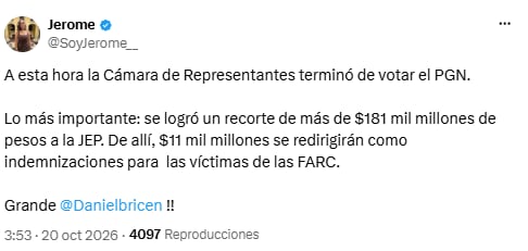 Jerome Sanabria afirmó que $ 11 mil millones del recorte a la JEP irán a víctimas de las Farc - crédito @SoyJerome__/X