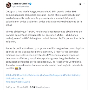 Carolina Corcho aseguró que la llegada de Ana María Vesga a la cartera de Salud representa un retroceso en la defensa del sistema público - crédito @carolinacorcho/X