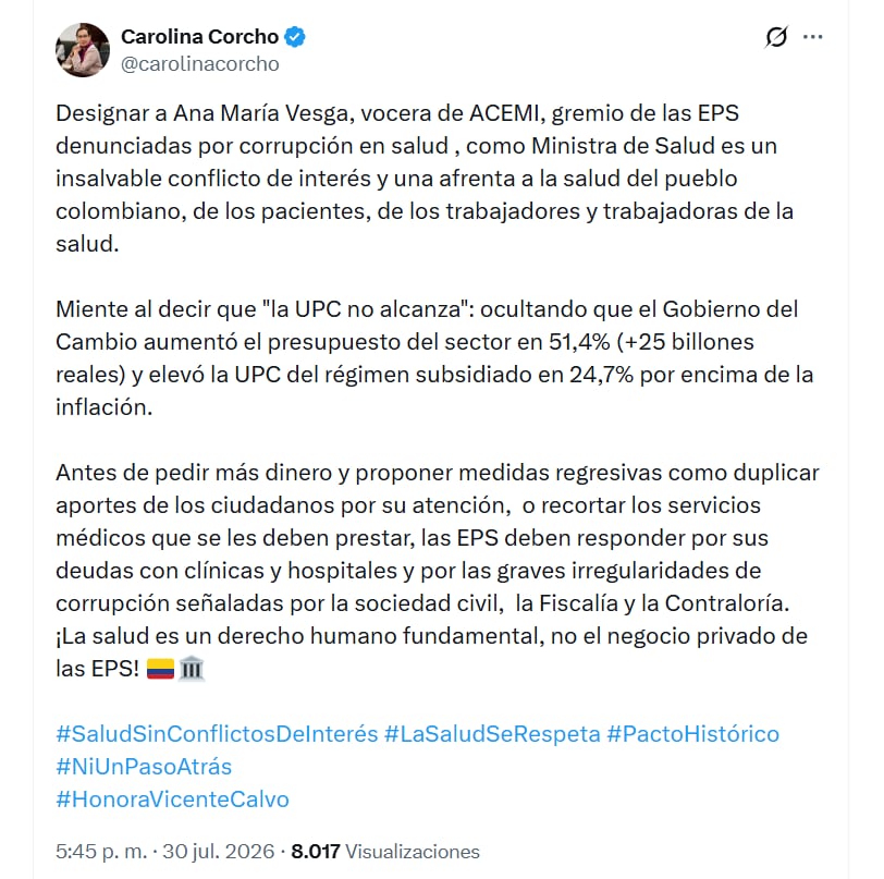 Carolina Corcho aseguró que la llegada de Ana María Vesga a la cartera de Salud representa un retroceso en la defensa del sistema público - crédito @carolinacorcho/X