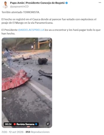 Papo Amín calificó de “atentado terrorista” la explosión en un peaje de Cauca - crédito @papoaminCD/X