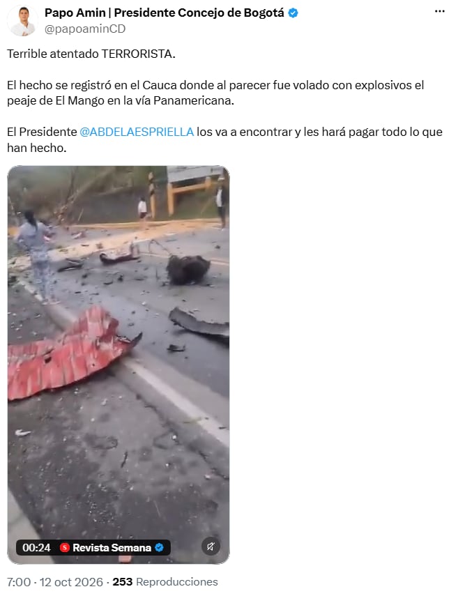 Papo Amín calificó de “atentado terrorista” la explosión en un peaje de Cauca - crédito @papoaminCD/X