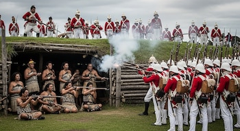 Hombres, mujeres y niños maoríes en vestimenta tradicional con mosquetes dentro de una fortificación pā enfrentan a soldados británicos con uniformes rojos y fusiles.
