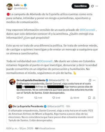 Lalis señaló el peligro de los seguidores de Abelardo de la Espriella; evidenciaba un futuro del candidato en la Casa de Nariñño - crédito @smilelalis/X