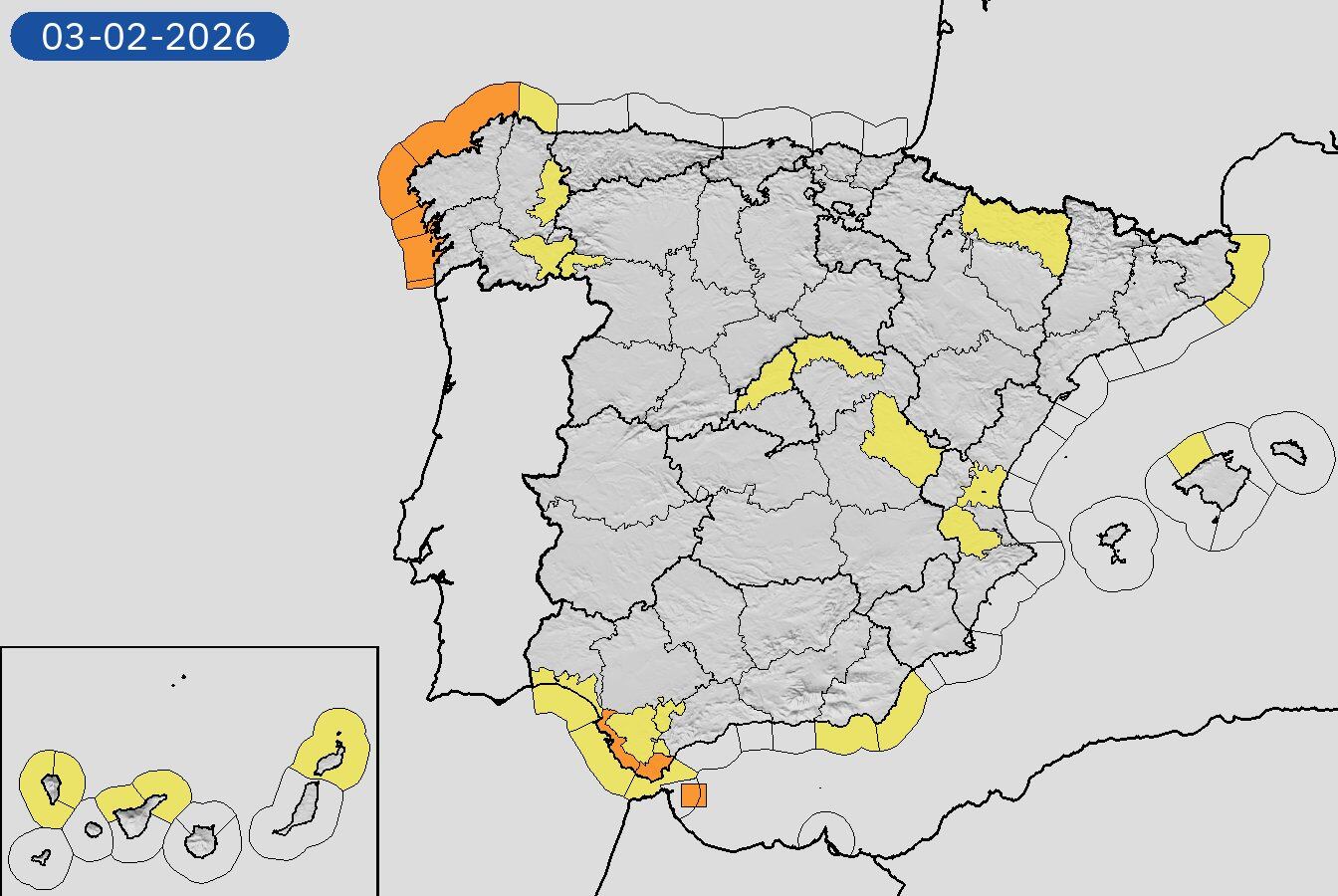Avisos costeros, vientos, nevadas y lluvias con nivel máximo de aviso naranja (Aemet)