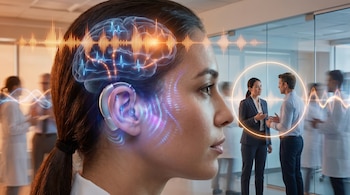 Primer plano de una mujer con un sistema auditivo, gráficos de actividad neuronal cerebral y ondas de sonido visualizadas alrededor de su cabeza.