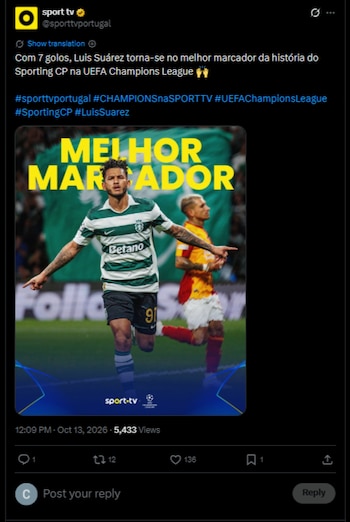 El canal deportivo más destacado de Portugal elogió la nueva marca que rompió Suárez con los "Leones"-crédito @sporttvportugal/X