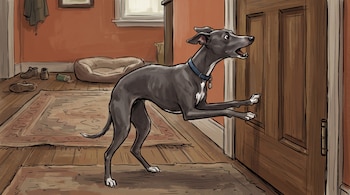 Ilustración de un perro galgo italiano gris apoya las patas delanteras y ladra ante una puerta de madera en el interior de una vivienda.