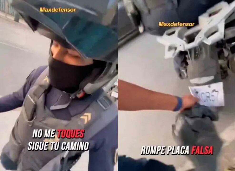 Un joven intervino durante una detención y descubrió que los policías tenían cubierta la matrícula de su motocicleta. El hecho fue grabado y compartido en TikTok, provocando la suspensión de los agentes.(Tiktok / @maxdefensor)