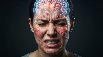 Primer plano de una persona con expresión de angustia, cerebro iluminado con ondas nerviosas, brotes de acné y placas rojas de eccema en el rostro.