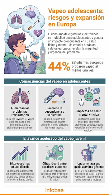Infografía con un adolescente vapeando, imágenes de pulmones, cerebro y corazón. Datos sobre el vapeo adolescente y sus riesgos en Europa. Logotipo de Infobae.