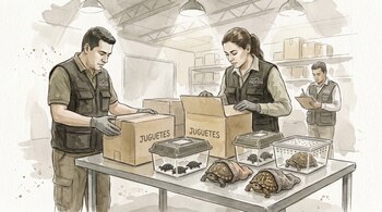 Ilustración de tres inspectores de Profepa en una bodega, dos revisan cajas de 'JUGUETES', uno anota. En la mesa, varias tortugas vivas en recipientes y envueltas en calcetines.