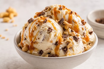 Bolas de helado cubiertas con jarabe de caramelo, trozos de chocolate y castañas de cajú picadas en un recipiente blanco de cerámica.