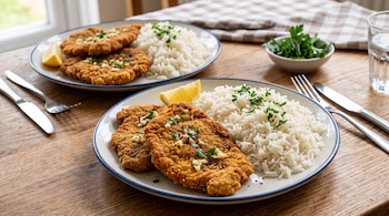Dos platos sobre una mesa de madera contienen escalopes dorados con ajo y perejil, porciones de arroz blanco y limones.
