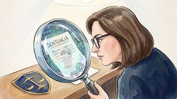 Lizbeth González Cortés con lentes, mirando con lupa una sentencia con símbolos de inteligencia artificial y binarios. Logo del Poder Judicial en mesa.