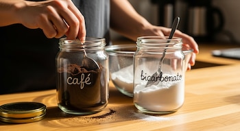 Manos de persona usando una cuchara para sacar café molido de un frasco etiquetado 'café' y bicarbonato de otro frasco, con un tazón vacío detrás en una cocina.