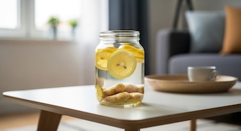 Un pote de vidrio con rodajas de limón y trozos de jengibre en agua sobre una mesa ratona blanca en un salón. El fondo está desenfocado.